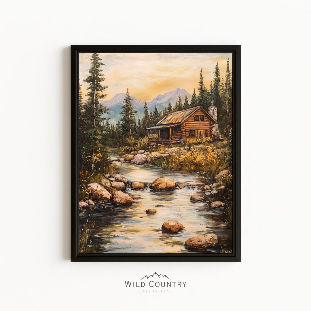 Framed Log Cabin Canvas Art Print Mountain Landscape River Wall Art Log ...