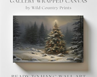 Christmas Tree Canvas Winter Picture Vintage Snow Large Painting Winter Art Print Christmas Wall Decor Mantle Art Holiday Theme Wall Hanging