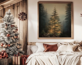 Printable Moody Christmas Tree Painting, Vintage Holiday Wall Art, Dark Forest Painting, Christmas Decor, Dark Festive Print, Pine Tree Art