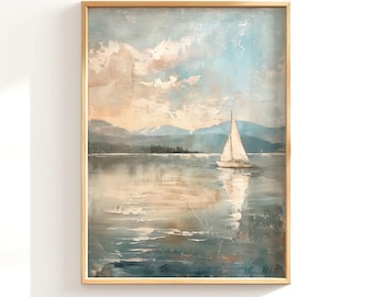 Soft Neutral Blue Sailboat Art Print Lake Landscape Scene for Mountain Lodge Home Wall Decor Montana Lake Picture Vintage Style Artwork Blue