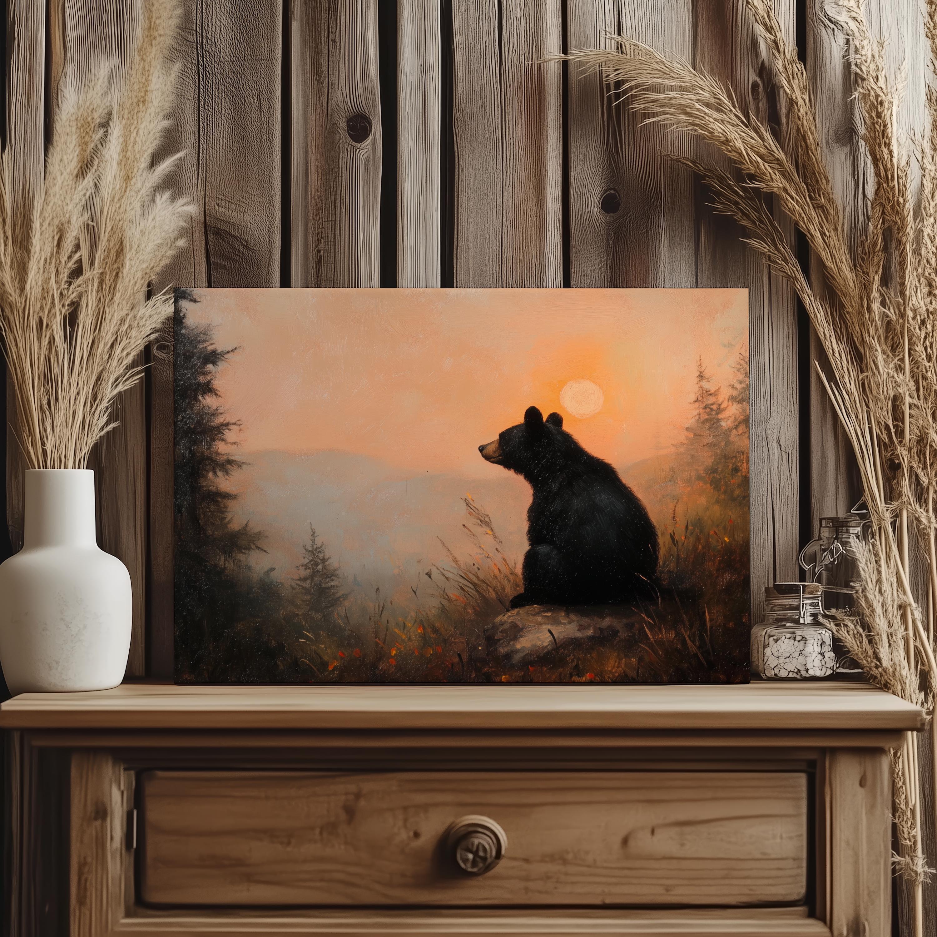 Adorable Black Bear Canvas, Sunset Sky Painting, Bear Cub Painting