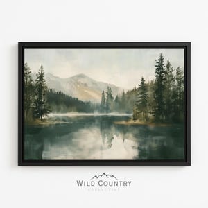 Framed Mountain Lake Painting Glacier National Park Art Mountain Wall Art Canvas Vintage Calm Lake Art Print on Canvas Rustic Forest Print