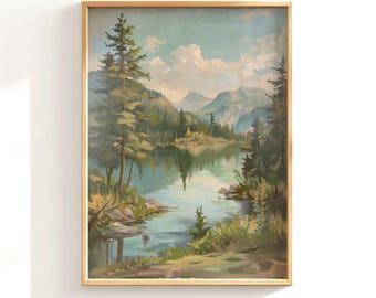 Vintage Summer Lake Painting, Cabin Wall Decor, Mountain Landscape Print, Beautiful Lake View Oil Painting, Evergreen Pine Tree Wall Art