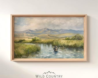 Printable Fishing Oil Painting Vintage Print River Fishing Art for Boys Bedroom Fisherman Decor Montana Wall Art Gift for Dad Fishing Print