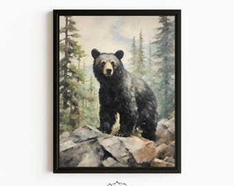 Framed Black Bear Canvas Rustic Forest Painting Bear Wall Art Nursery Woodland Print Mountain Forest Wall Art Cabin Decor Wildlife Print Art