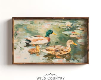 Duck Family Painting Mallard Wall Art Male and Female Duck Print Baby Nursery Wall Art Duck Vintage Family Room Decor Woodland Art Print
