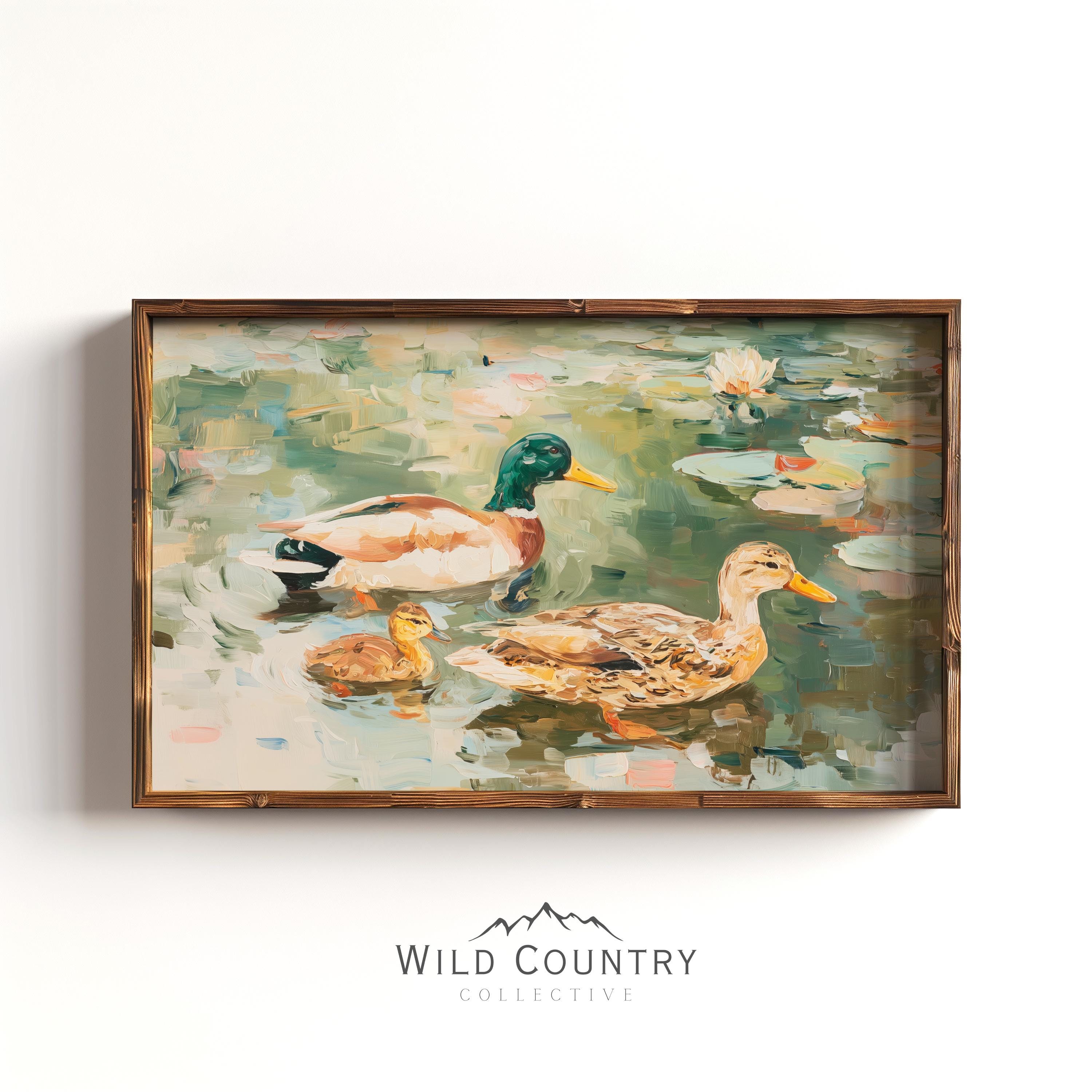 ポップアート アヒル 絵画 木製 約30cm x 20cm アヒルの家族の絵画 マガモの壁アート オスとメスのアヒルのプリント