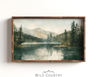 Mystic Lake Vintage Print, Rustic Cabin Decor, Montana Painting, Calm Lake Wall Art, Glacier National Park Poster, Moody Mountain Painting