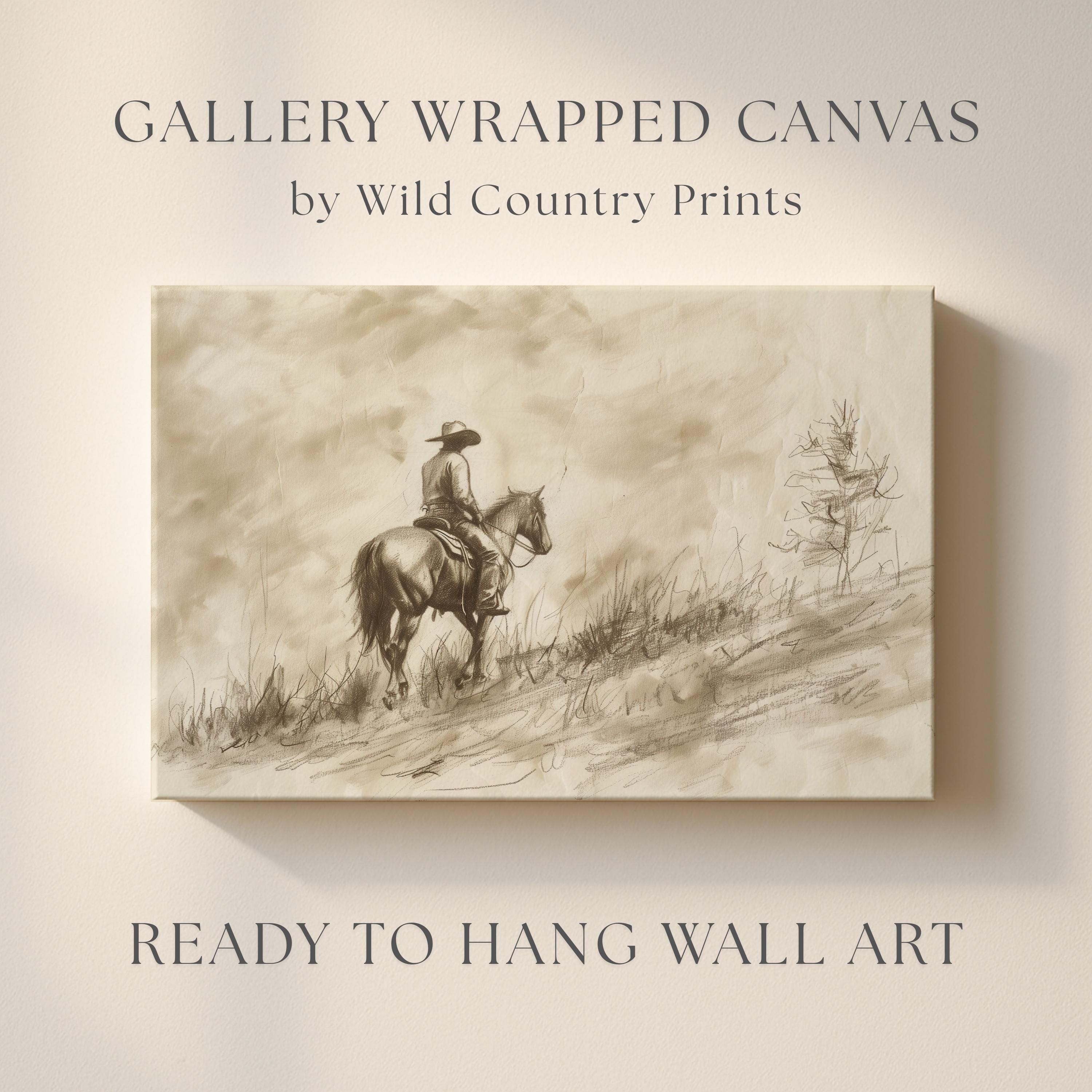 Western Wall Art Cowboy Canvas Print Rustic Horseback Drawing Sepia ...
