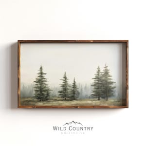 Muted Pine Tree Art Print Vintage Forest Print Foggy Cabin Wall Decor Rustic Evergreen Forest Painting Woodland Wall Art Neutral Nursery Art