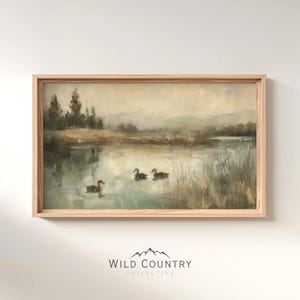 Afdrukbaar vintage eendjes olieverfschilderij, cadeau vogeljager, kunst aan de muur eendenvijver, platteland print, wilde eend kinderkamer kunst, cabinedecor