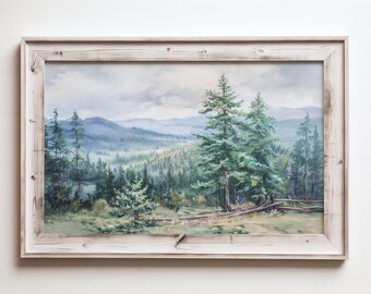 ヴィンテージの常緑松の油絵、ヴィンテージの風景ポスタープリント、山