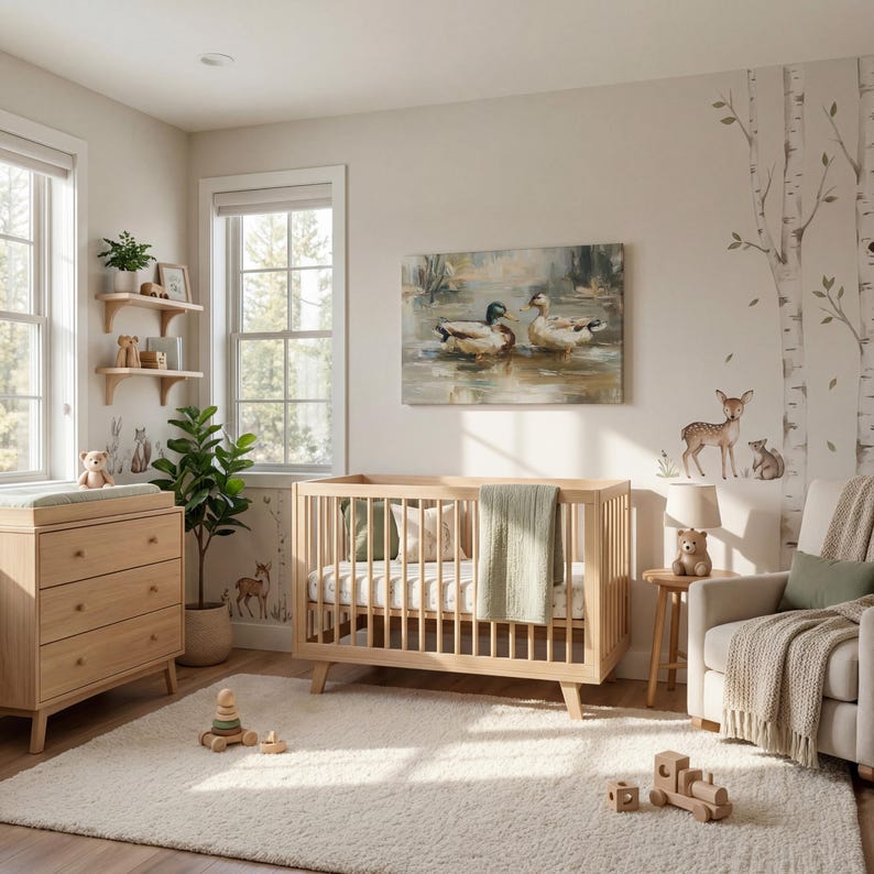 A cozy and charming nursery room with a wooden crib, a dresser, and a comfortable chair. The room has a warm and inviting atmosphere, with a painting of ducks on the wall and a tree mural adding a touch of nature. The room is well-lit, and the overall design is harmonious and visually appealing.