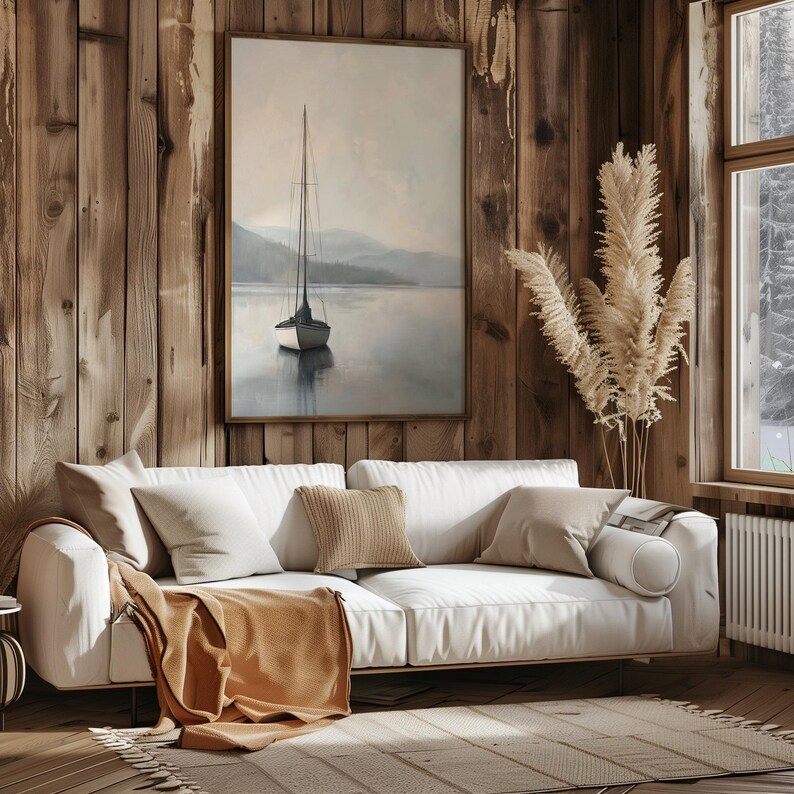 Muted Sailboat Painting, Flathead Lake Montana Wall Art, Vintage Lake House Coastal Painting, Sailboat Wall Art, Rustic Lake House Decor image 6
