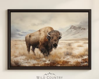Framed Bison Canvas Vintage Mountain Landscape Painting Buffalo Wall Art Print Rustic Buffalo Painting Western Bison Decor Wildlife Wall Art