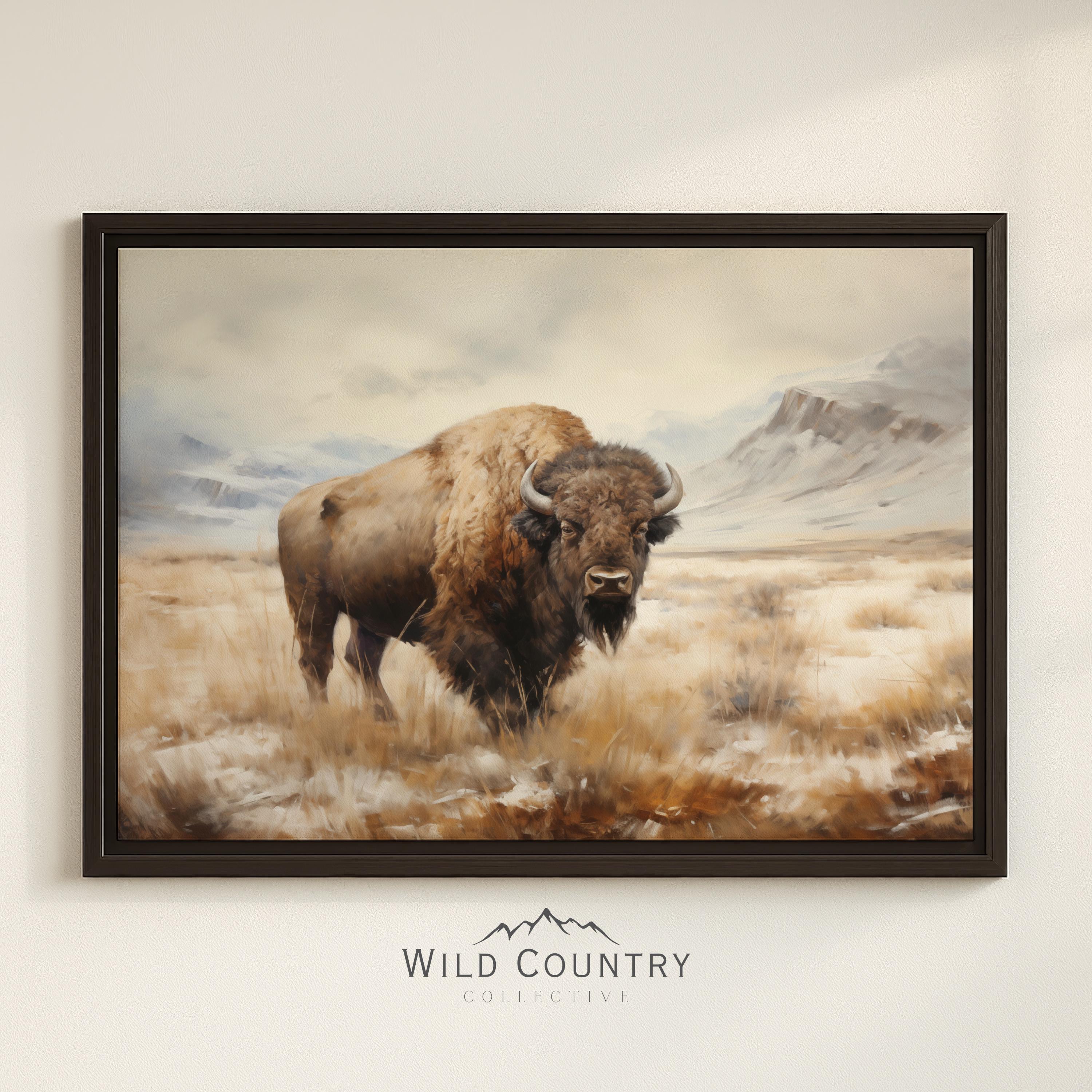 Framed Bison Canvas Vintage Mountain Landscape Painting Buffalo Wall ...
