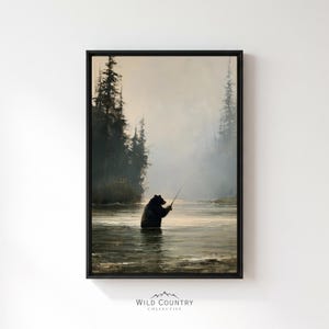 Framed Fly Fishing Bear Canvas Casting Upward in Glowing Mist Waist Deep Lake Pine Shore Wall Art Fisherman Office or Man Cave Angler Decor