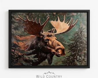 Stampa incorniciata di alce su tela con animali della foresta, arte murale con fauna selvatica, dipinto di alce, decorazione rustica per baita, stampa vintage di fauna selvatica, grande tela per lodge