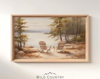 Printable Adirondack Chairs Painting, Lake Painting, Pine Tree Print, Cabin Decor, Vintage Lake Landscape, Montana Print, Mountain Wall Art