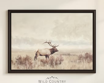 Framed Elk Wall Art Canvas Vintage Elk Print Beige Wildlife Art Print Large Antler Elk Hunting Print Rustic Cabin Wall Decor Gift for Hunter