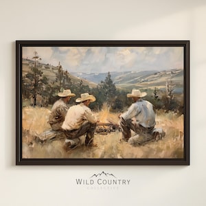 Framed Cowboy Canvas Large Campfire Painting Western Wall Art Print Cowboy Painting Vintage Western Mountain Painting Wild West Wall Art