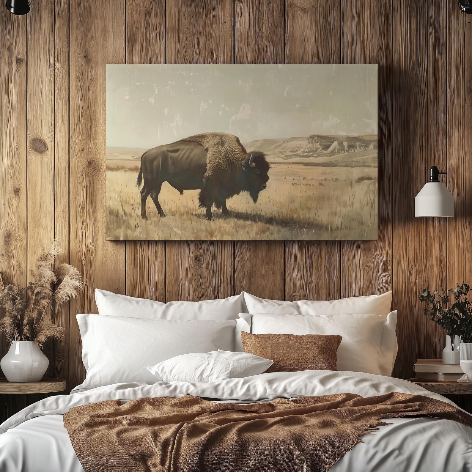 Vintage Buffalo Canvas, Western Wall Art, American Bison Painting Print ...