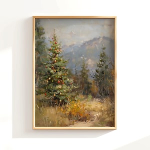 Antique Christmas Tree Print, Pine Forest Painting, Vintage Holiday Wall Art, Cabin Decor, Rustic Pine Tree Print, Christmas Wall Decor