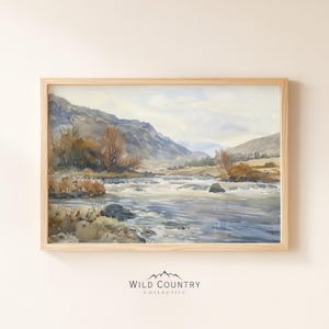 Country Landscape Watercolor Painting, Vintage Rushing River Poster Print, Mountain Wall Art, Rustic Cabin Decor, Antique River Painting