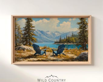 Printable Lake View Painting, Adirondack Chairs Print, Vintage Lake Art, Cabin Decor, Mountain Wall Art, Pine Tree Print, Mountain Painting