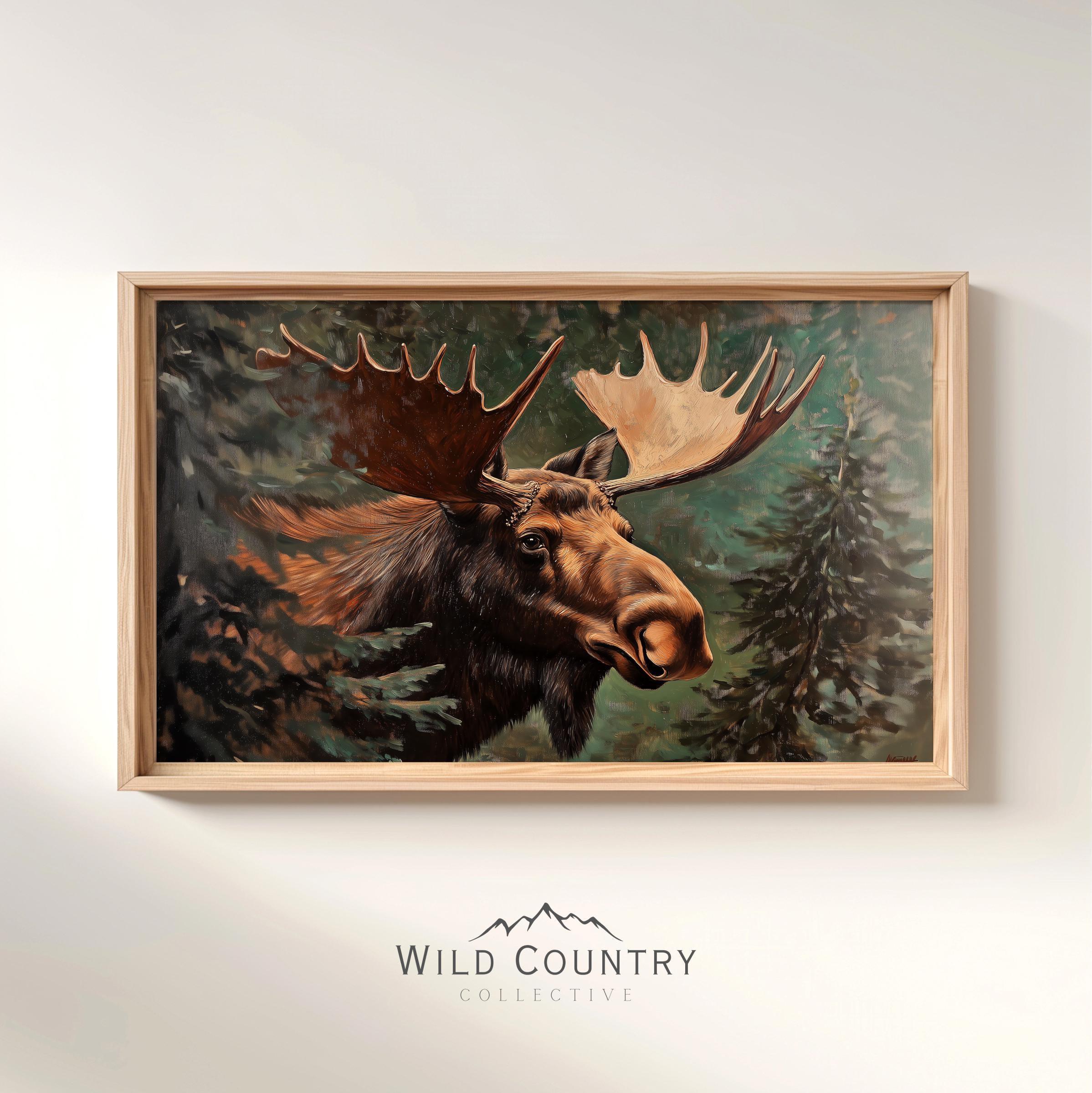 Vintage Hidden Moose Art Print Pine Forest Landscape Painting for