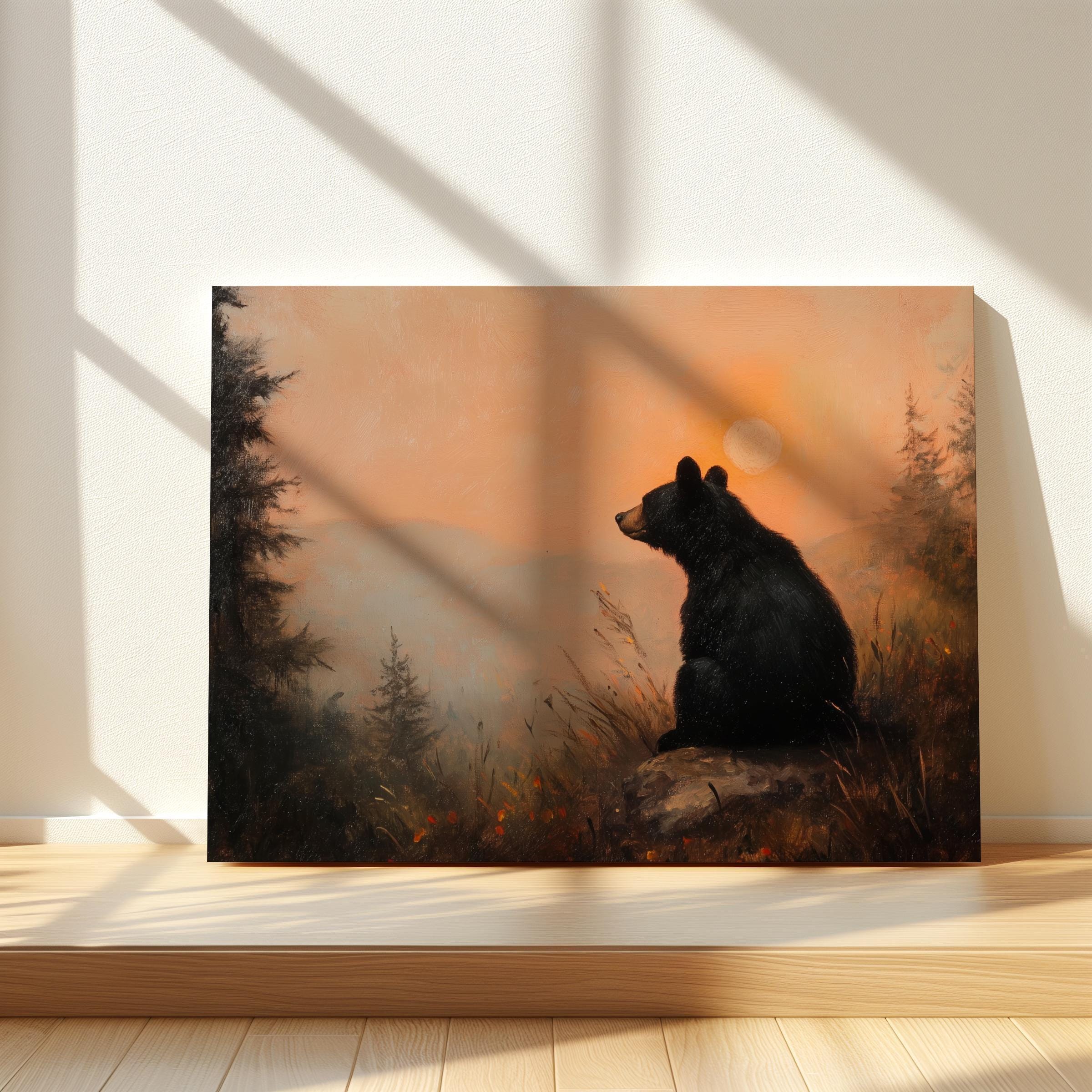 愛らしい黒クマのキャンバス、夕焼けの空の絵、クマの子の絵