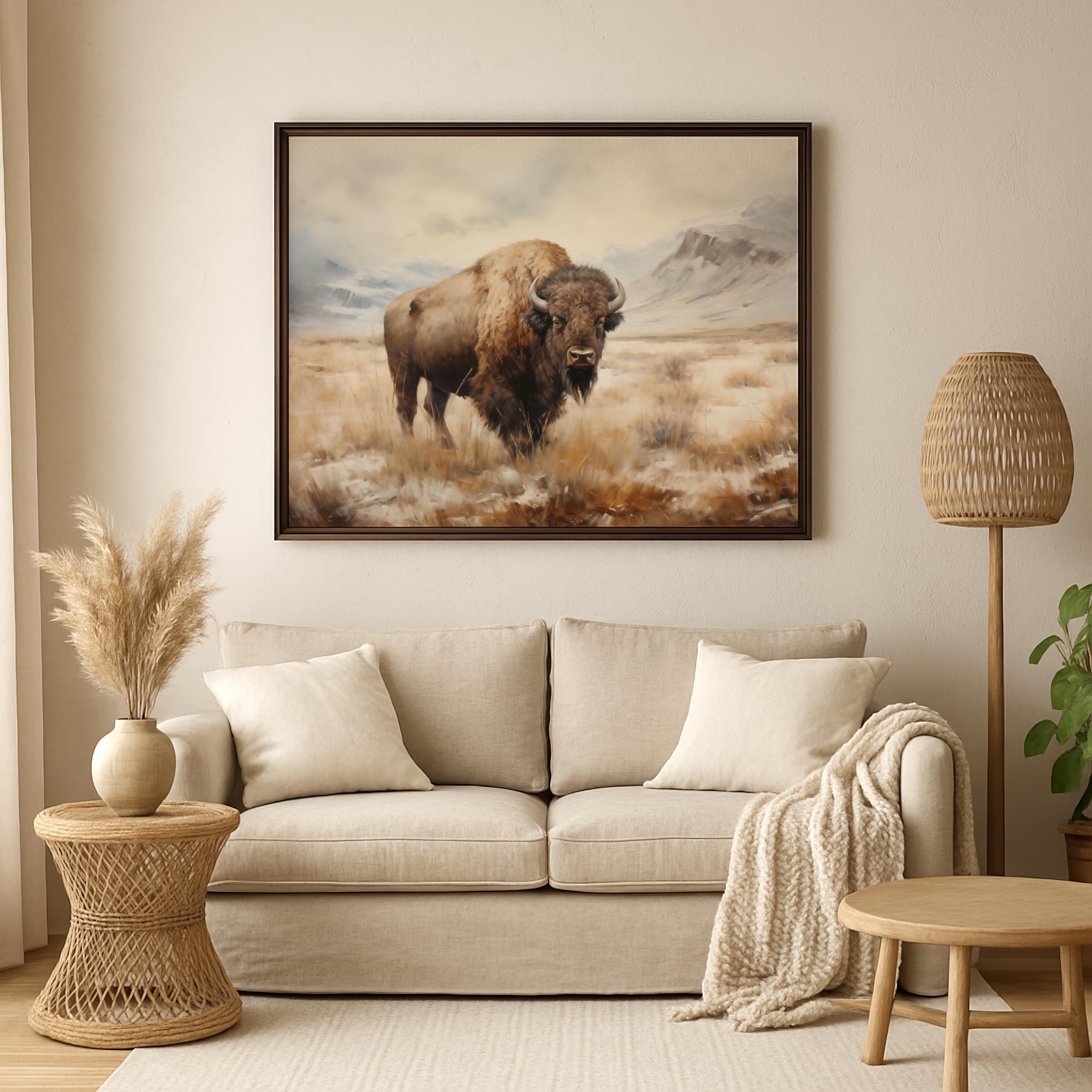 Framed Bison Canvas Vintage Mountain Landscape Painting Buffalo Wall ...