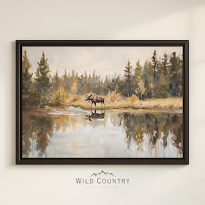 Framed Moose Canvas Vintage Lake Landscape Moose Wall Art Antique Woodland Cabin Wall Art Rustic Farmhouse Decor Forest Animal Nursery Decor