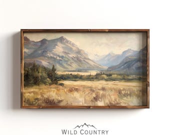 Glacier National Park Poster Print, Country Field Oil Painting, Antique Farmhouse Decor, Vintage Mountain Wall Art, Montana Wall Art