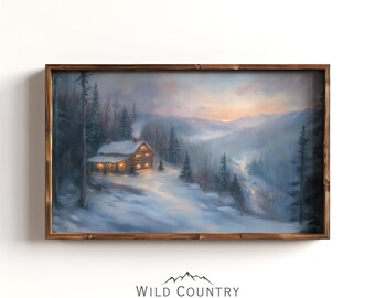 Lámina artística de una pintoresca cabaña de invierno, paisaje nevado, decoración de cabaña, lámina artística de montaña, arte de pinos nevados, pintura de paisaje de montaña