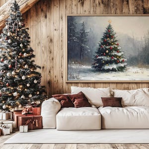 Printable Christmas Tree Painting, Vintage Wall Art, Snowy Pine Tree Art, Winter Forest Painting, Holiday Cabin Decor, Christmas Wall Decor