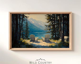 Printable Adirondack Chairs Painting, Mountain Wall Art, Lake View Print, Cabin Decor, Muted Mountains, Pine Tree Painting, Vintage Lake Art