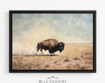 Framed Buffalo Western Canvas Artwork Bison Print Large Western Wall Art Buffalo Picture Framed Painting Bison Prairie Landscape Painting
