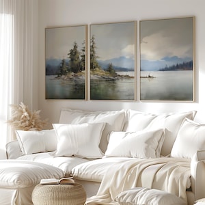 Vintage Flathead Lake Triptych 3 Piece Prints, Vintage Moody Lake Painting, Log Cabin Decor, Triptych Wall Art Prints, Montana Wall Art