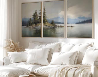 Tríptico vintage del lago Flathead (3 láminas), pintura vintage del lago Moody, decoración de cabaña de troncos, láminas de arte mural en tríptico, arte mural de Montana