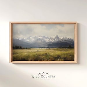 Cuadro de montaña imprimible, impresión de paisaje vintage, arte rústico, montañas Bitterroot, decoración de pared de cabaña de troncos, arte de pared imprimible