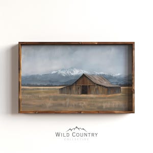 Old Wood Barn Oil Painting, Rustic Farmhouse Wall Art, Old Barn Wall Art, Blue Mountain Landscape Painting, Montana Ranch Home Poster Print