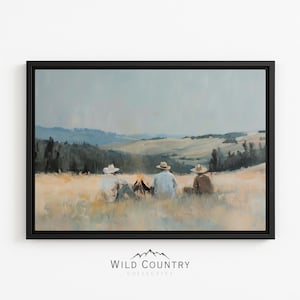 Framed Cowboy Campfire Art Print Rustic Western Wall Decor Large Cowboy Painting Canvas Mountain Painting Landscape Vintage Montana Wall Art