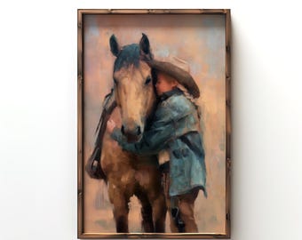 May include: A framed painting depicts a child in a cowboy hat embracing a brown horse. The child wears a blue jacket. The artwork has a warm color palette with a rustic, textured appearance.