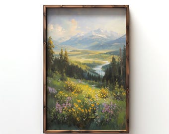 Wildflowers in Montana Art Print, Wildflower Field Landscape Painting, Alpine Mountain Painting, Vintage Nature Art, Flower Field Wall Art