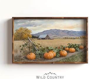 Printable Vintage Pumpkin Patch Painting, Pumpkin Painting, Halloween Autumn Wall Art, Antique Fall Landscape Painting, Fall Farmhouse Decor