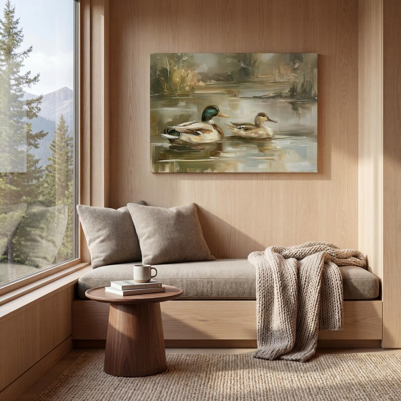 a cozy and inviting living space with a large window overlooking a serene lake, where two ducks are swimming. The room is furnished with a comfortable couch, a small wooden table, and a cozy blanket, creating a warm and relaxing atmosphere.