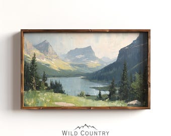 Glacier National Park Art Print Alpine Lake Grey Blue Cliffs Pine Shoreline Quiet Luxury Landscape Neutral Bedroom Wall Decor Montana Poster