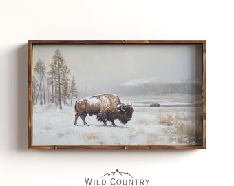 Snow Covered Bison Art Print, Winter Landscape, Vintage Buffalo Print, Yellowstone Buffalo Painting, Western Wall Decor, Wildlife Wall Art