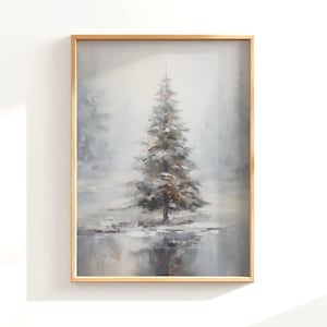Muted Christmas Tree Print, Christmas Wall Decor, Holiday Decor,  Snowy Pine Tree Wall Art, Winter Forest Painting, Vintage Winter Wall Art